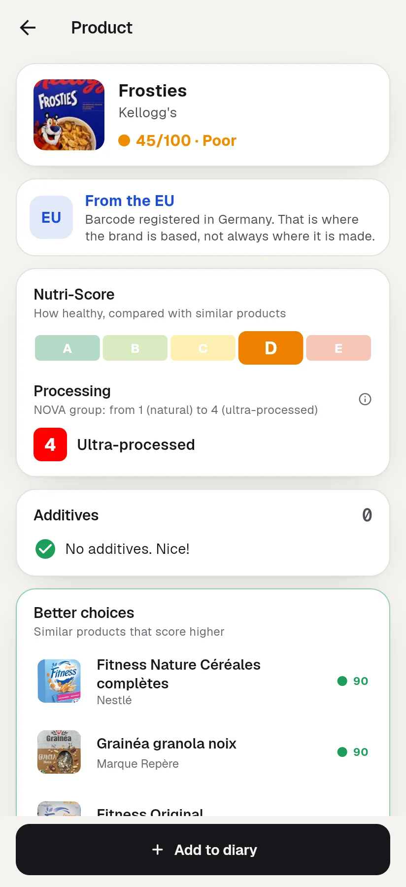 Scan result for Frosties: score 45 out of 100, Nutri-Score D, ultra-processed, brand from the EU