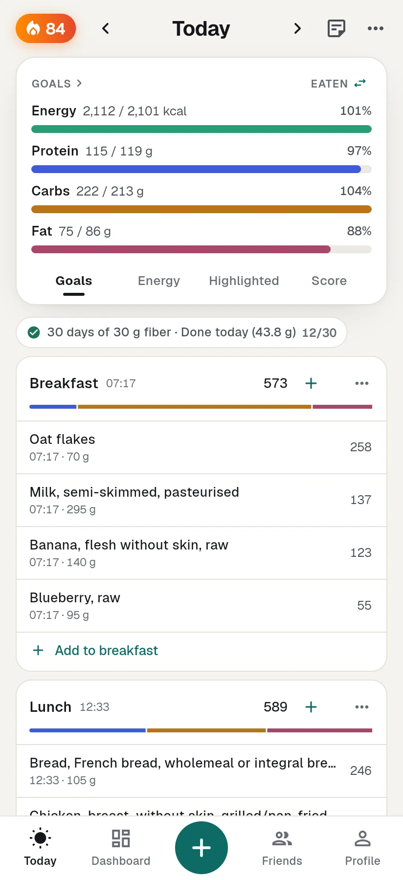 The Today screen: energy, protein, carbs and fat against your goals, a fiber challenge, the streak and breakfast
